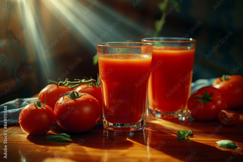 Refreshing Tomato Juice and Ripe Tomatoes in Sunlight Refreshing Tomato Juice and Ripe Tomatoes in Sunlight