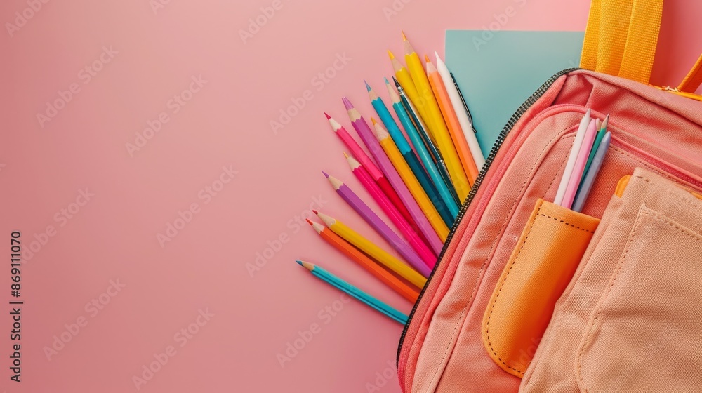Fototapeta premium Close-up photo of colorful pencils spilling out of a stylish school bag against a soft pink background
