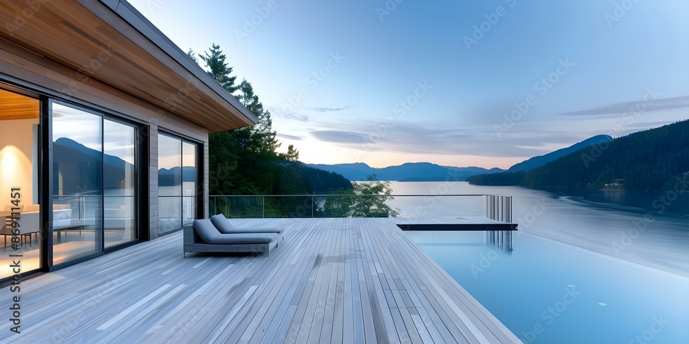 Fototapeta premium Modern waterfront home with serene views large deck overlooking tranquil cove. Concept Waterfront Homes, Serene Views, Large Decks, Tranquil Coves
