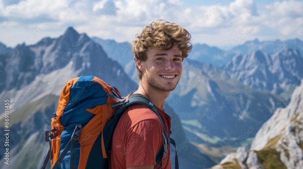 A young man with a backpack stands on a mountain summit, looking out at the panoramic view with a triumphant smile A young man with a backpack stands on a mountain summit, looking out at the panoramic view with a triumphant smile