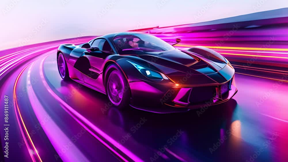 Sports car on neon highway Powerful acceleration of a supercar on a night track with colorful lights. Sports car on neon highway Powerful acceleration of a supercar on a night track with colorful lights.