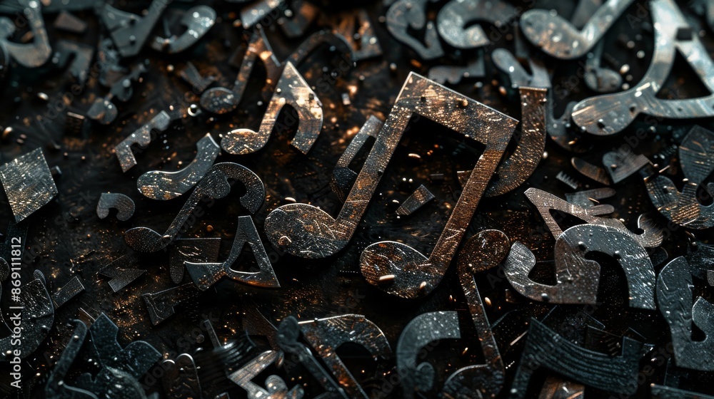 A close-up photo shows metallic notes in a dynamic layout. The textured, weathered style and dark background create movement and energy A close-up photo shows metallic notes in a dynamic layout. The textured, weathered style and dark background create movement and energy