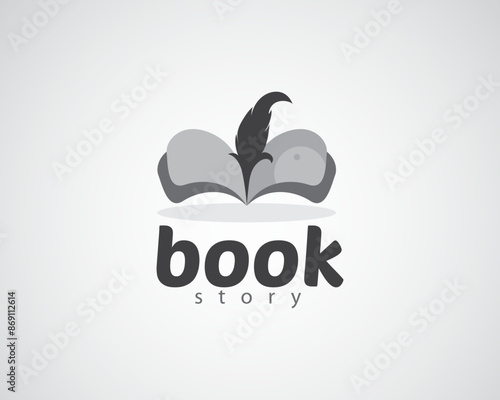 creative feather pen on an open book logo design