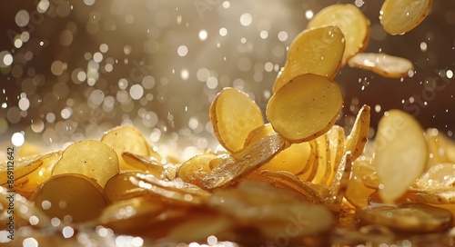 Golden Potato Chips Falling and Stacking in Mid-Air