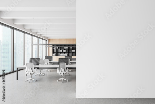 Modern office workspace with large windows and white furniture, minimalist style, concrete floor, and cityscape background. Concept of contemporary office design. 3D Rendering