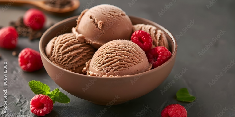3D print of hojicha ice cream in a brown bowl with raspberries. Concept Food Photography, 3D Printing Art, Dessert Presentation 3D print of hojicha ice cream in a brown bowl with raspberries. Concept Food Photography, 3D Printing Art, Dessert Presentation