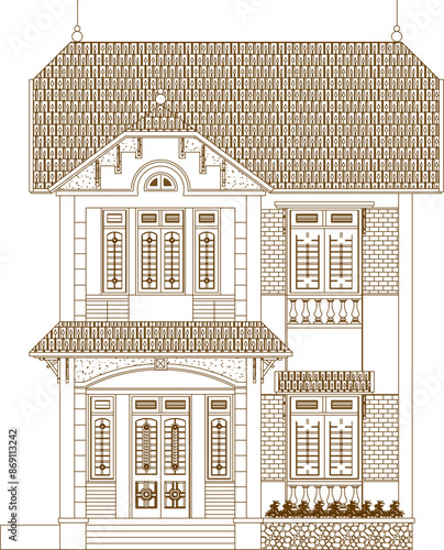 Vector sketch illustration of architectural engineering design drawing that looks like a classic vintage European colonial house
