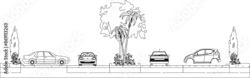 Vector sketch illustration of architectural engineering drawing design of highway section in city with plants and vehicles 