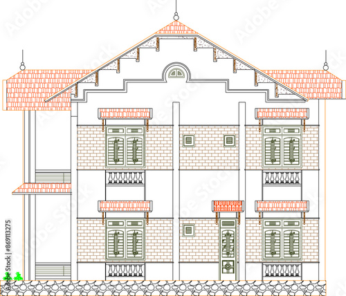 Vector sketch illustration of architectural engineering design drawing that looks like a classic vintage European colonial house