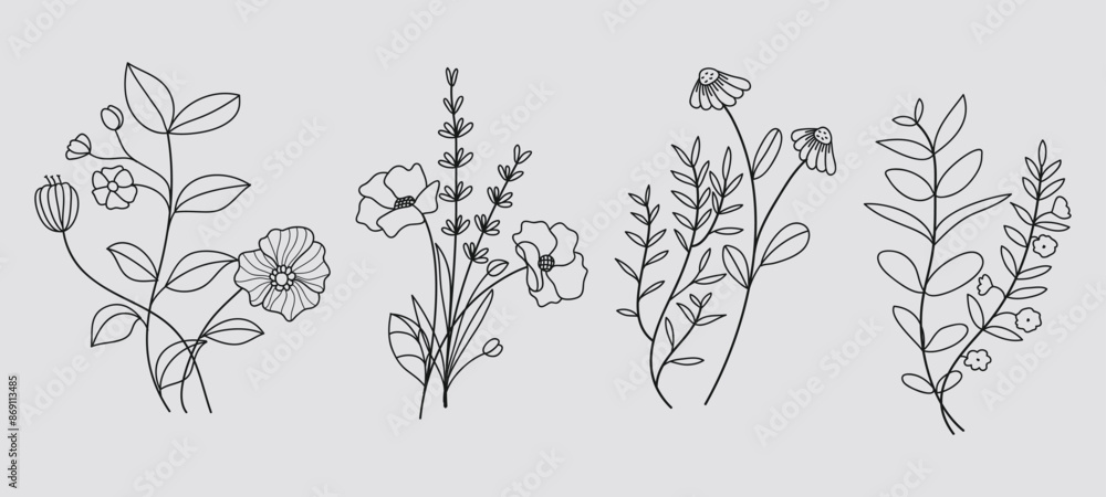 Fototapeta premium Hand drawn floral minimal elements in line art style. Greenery for decoration, wild and garden plants, branches, leaves. Vector illustration