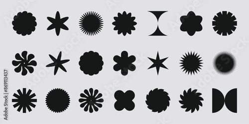 Brutalist abstract geometric shapes and grids. Brutal contemporary figure star oval spiral flower and other primitive elements.