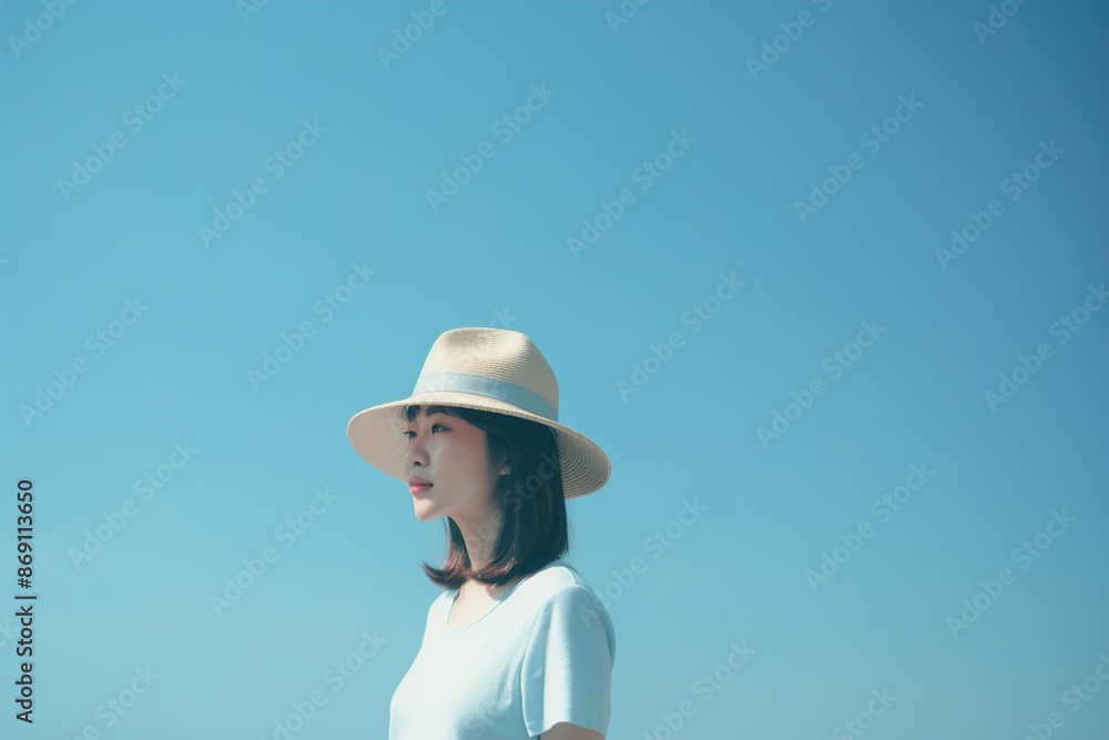 A woman wearing a straw hat is standing in front of a blue sky A woman wearing a straw hat is standing in front of a blue sky