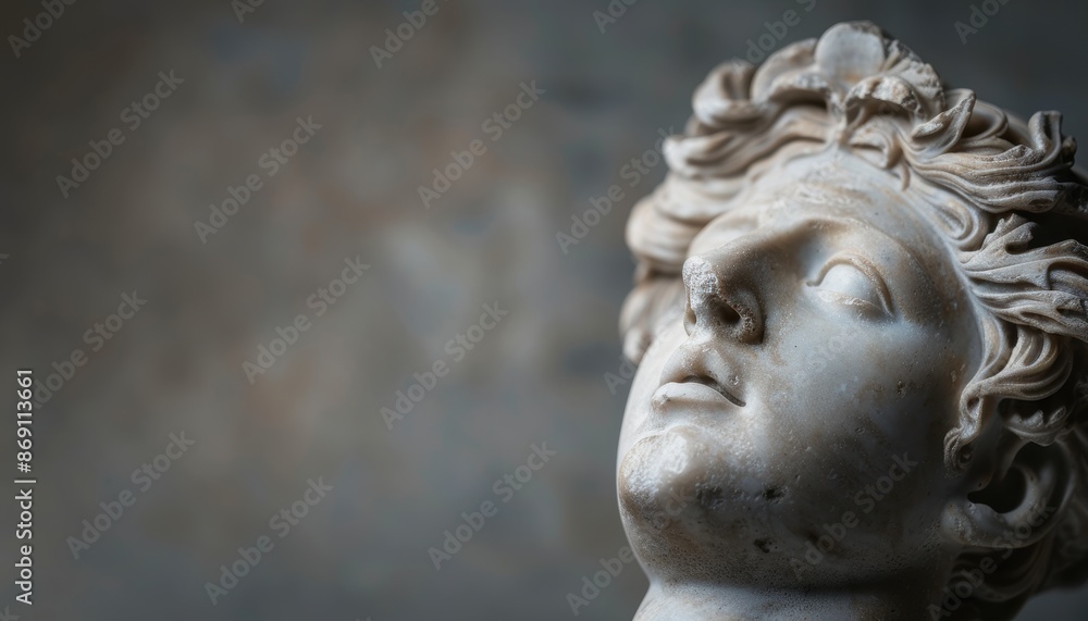 Close-up of an ancient marble statue depicting a classical figure with intricate details and expressive facial features against a blurred background. Close-up of an ancient marble statue depicting a classical figure with intricate details and expressive facial features against a blurred background.