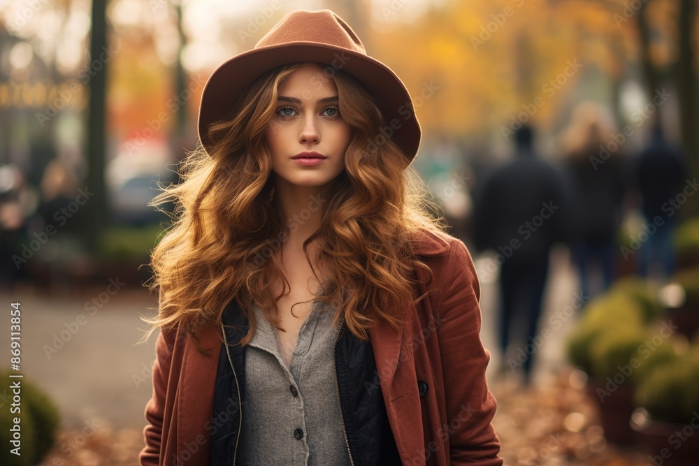 A woman wearing a brown hat and a red coat stands in front of a tree A woman wearing a brown hat and a red coat stands in front of a tree