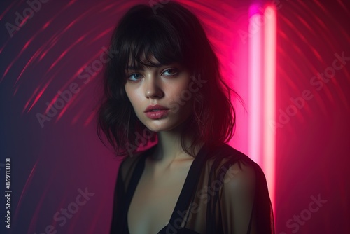 A woman with short hair and a black dress is standing in front of a neon sign