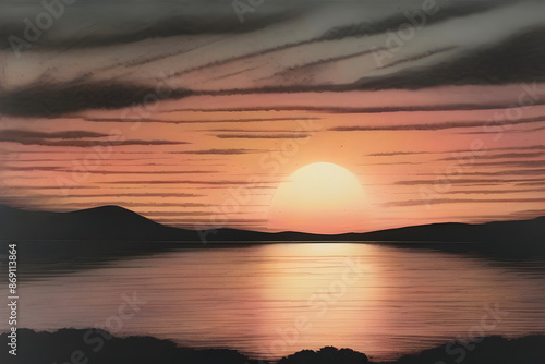 Vibrant aquatint print captures breathtaking sunset landscape. photo