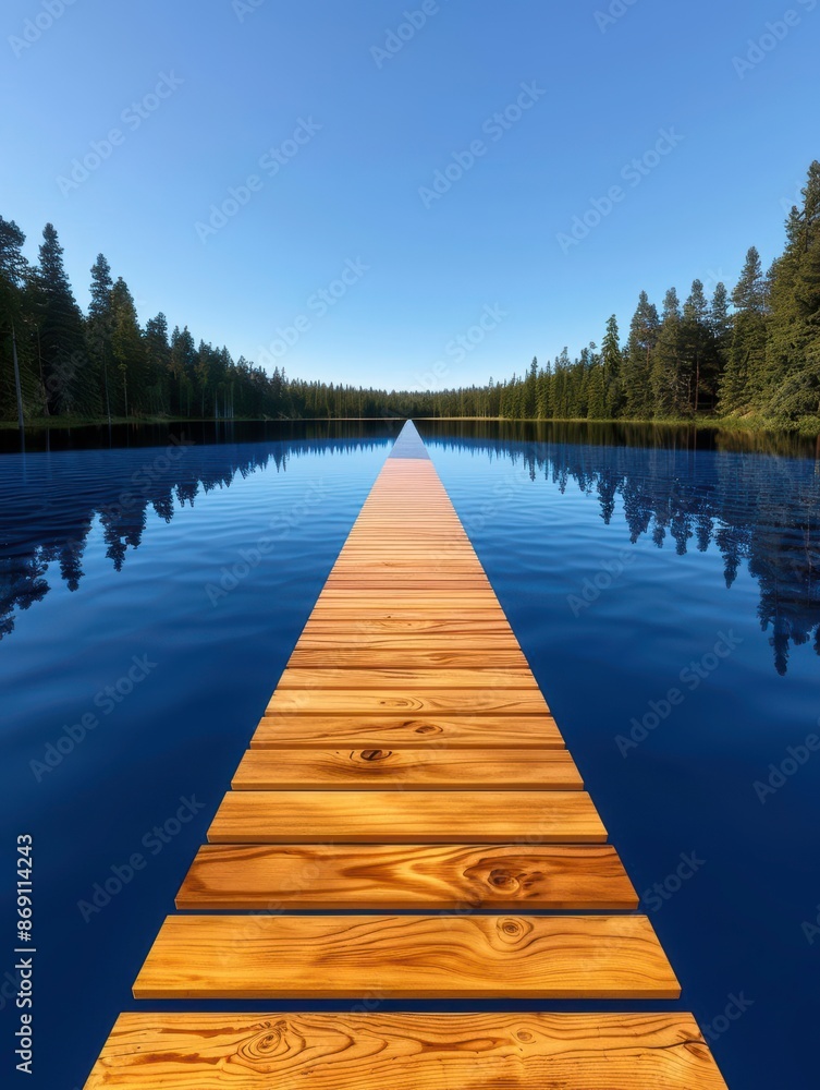 Obraz premium A serene wooden pier extends into a calm lake, lined by lush pine trees under a clear blue sky, creating a tranquil and picturesque scene.