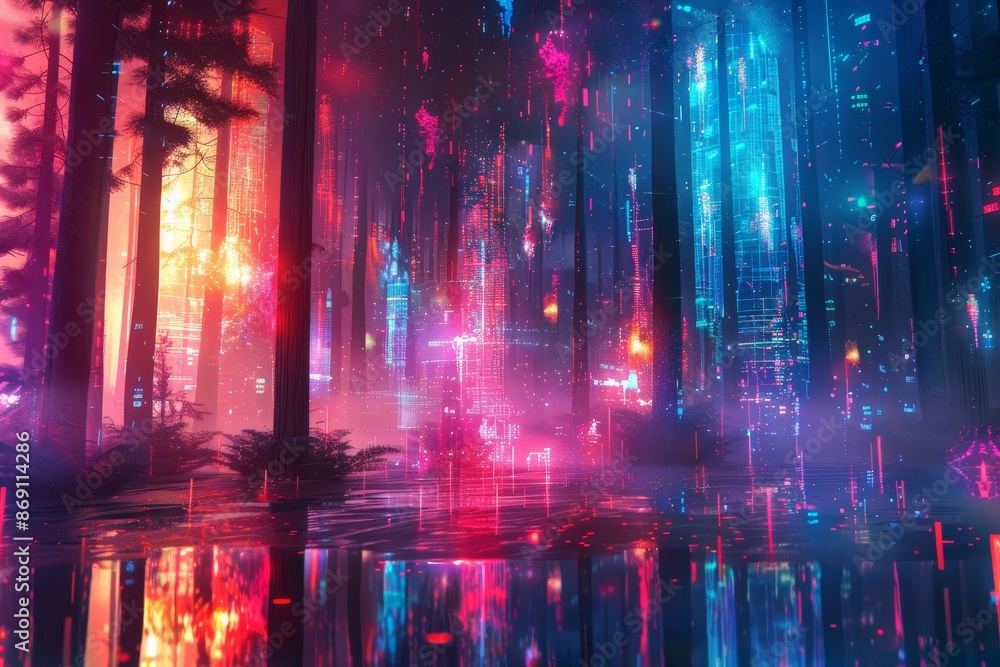 A digital painting showcasing a city at night with glowing lights and bustling streets, Abstract landscapes of glowing screens and neon grids A digital painting showcasing a city at night with glowing lights and bustling streets, Abstract landscapes of glowing screens and neon grids