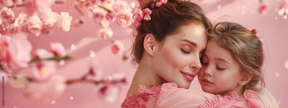 A mother and daughter hugging before a pink backdrop adorned with cherry blossoms and a blooming tree A mother and daughter hugging before a pink backdrop adorned with cherry blossoms and a blooming tree