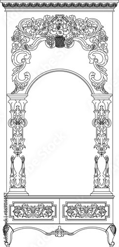 Sketch vector illustration design engineering drawing architectural pergola column entrance door full engraving classic vintage ethnic traditional 