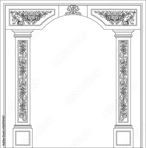 Sketch vector illustration design engineering drawing architectural pergola column entrance door full engraving classic vintage ethnic traditional 
