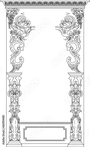 Sketch vector illustration design engineering drawing architectural pergola column entrance door full engraving classic vintage ethnic traditional