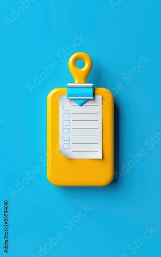 Colorful yellow clipboard with attached paper on a blue background, representing office organization and task management. photo