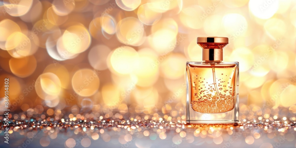Elegant perfume bottle on a shimmering gold bokeh background, capturing the essence of luxury, beauty, and sophistication. Elegant perfume bottle on a shimmering gold bokeh background, capturing the essence of luxury, beauty, and sophistication.
