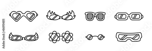 Retro glasses. Groovy hippie sunglasses set. Festive, carnival, party glasses. Cute retro psychedelic glasses. Glasses in the shape of hearts, flowers, angel wings and flames. Linear vector