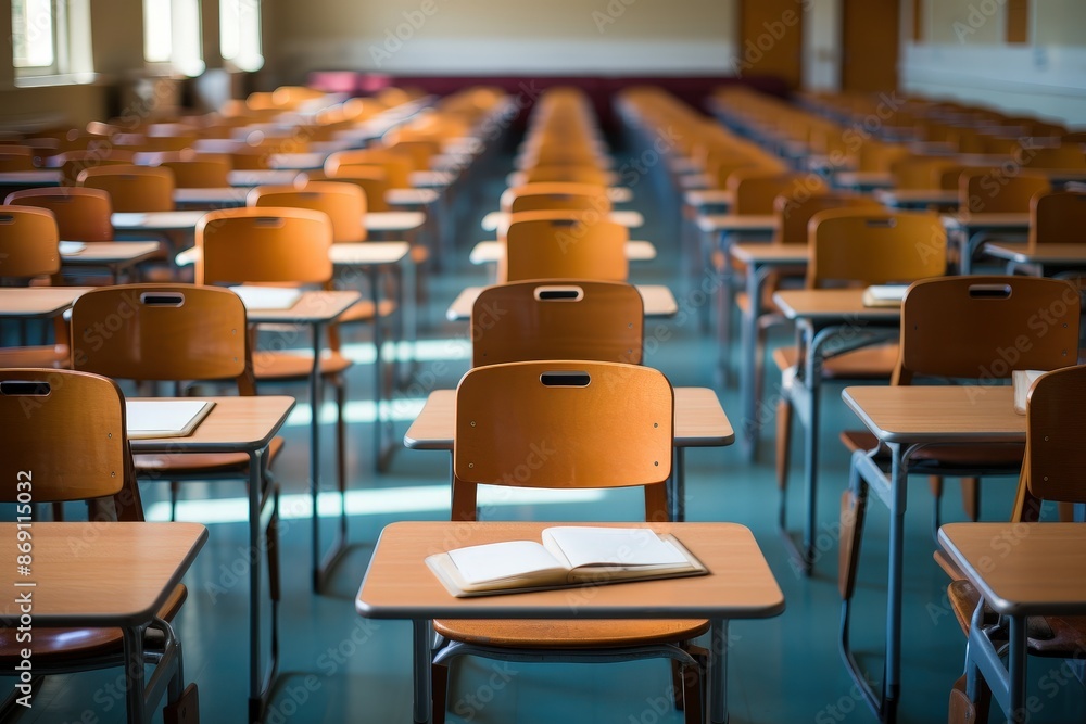 Naklejka premium Empty Classroom Desks and Chairs with a Book