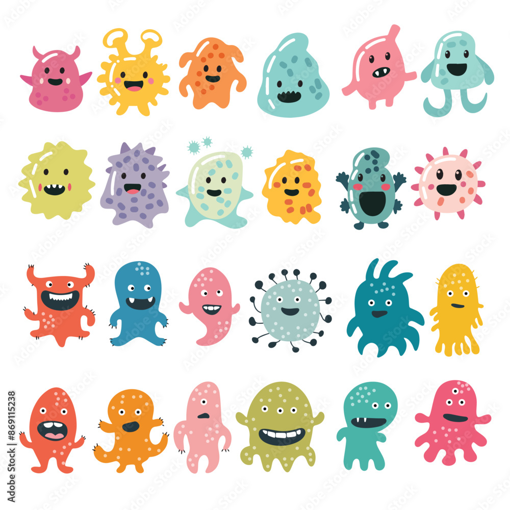 Fototapeta premium Collection of microbes isolated in flat style. Hand drawn vector art.