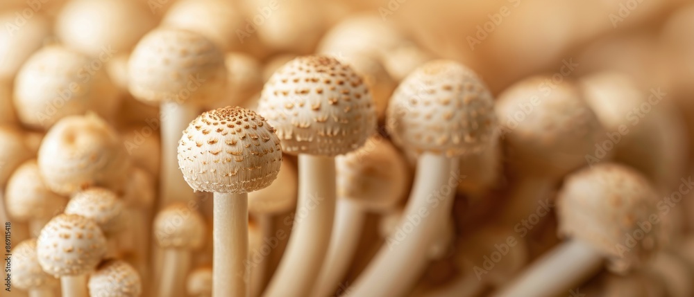 Close-up view of small white mushrooms with textured caps and slender stems, showcasing natural beauty and organic detail. Close-up view of small white mushrooms with textured caps and slender stems, showcasing natural beauty and organic detail.