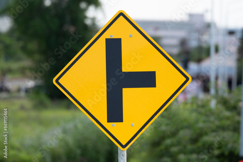 T-junction right sign.Selective focus.