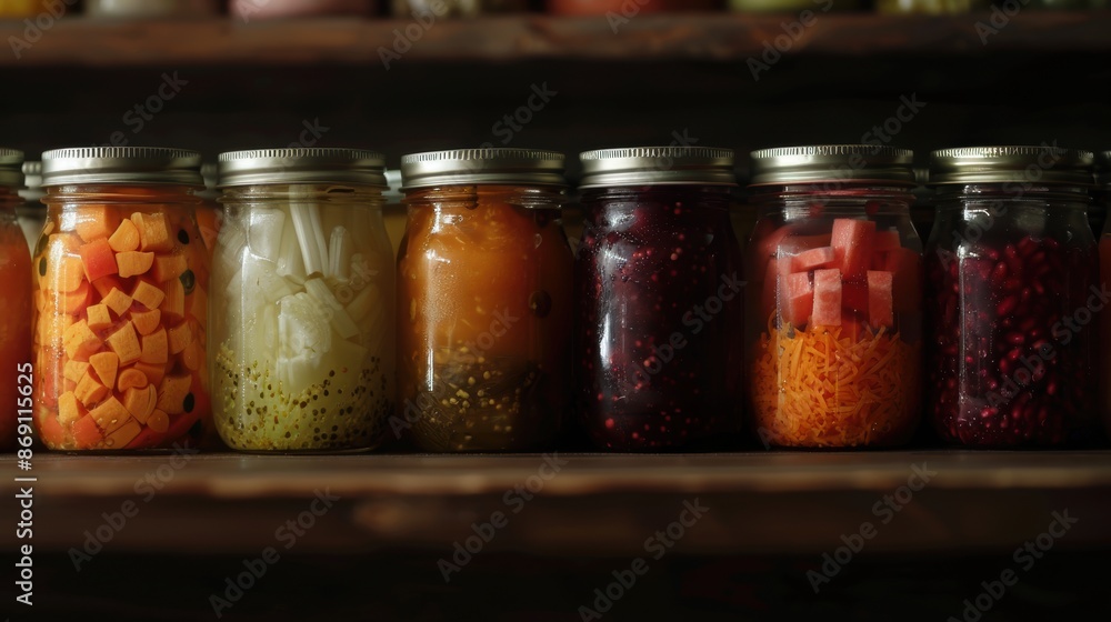 Colorful jars filled with spices on a wooden shelf. Colorful jars filled with spices on a wooden shelf.