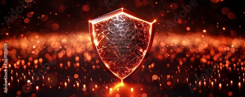 Glowing shield in a dark background symbolizing online security and protection, with gold particles surrounding the shield. photo