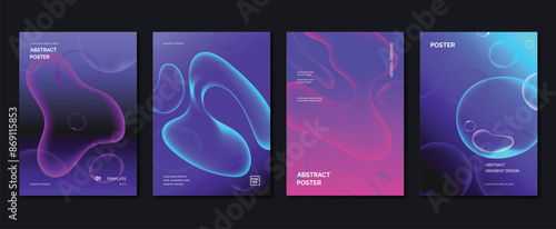 Modern gradient poster background vector set. Minimalist style cover template with vibrant perspective 3d geometric prism shapes collection. Ideal design for social media, cover, banner, flyer.