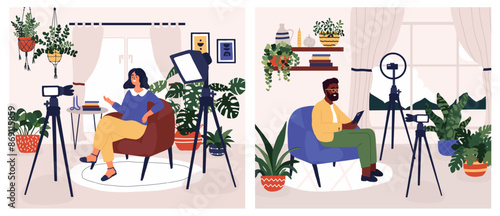 Blogger interview live streaming. Video blogger woman and man character. Online podcast record studio. Social media network broadcast. Vloggers stream at home interior. Vector illustration in flat car