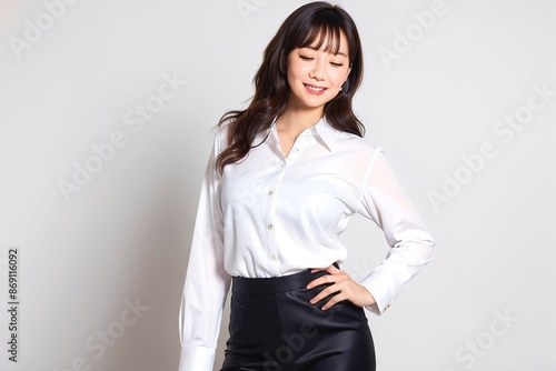 スーツを着てポーズをとる日本人女性
