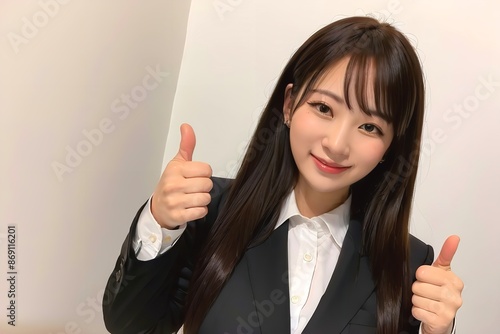 グーサインをするスーツを着た女性