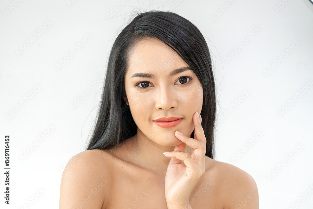 Beautiful smiling of young beauty pretty asian woman clean fresh healthy white skin facial treatment.asian girl model with fashion makeup skin care look at camara.spa and beauty concept Beautiful smiling of young beauty pretty asian woman clean fresh healthy white skin facial treatment.asian girl model with fashion makeup skin care look at camara.spa and beauty concept