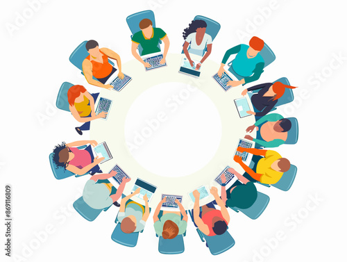 Flat Style: Animated Illustration of a Diverse Round Table Discussion on Equality and Collaboration