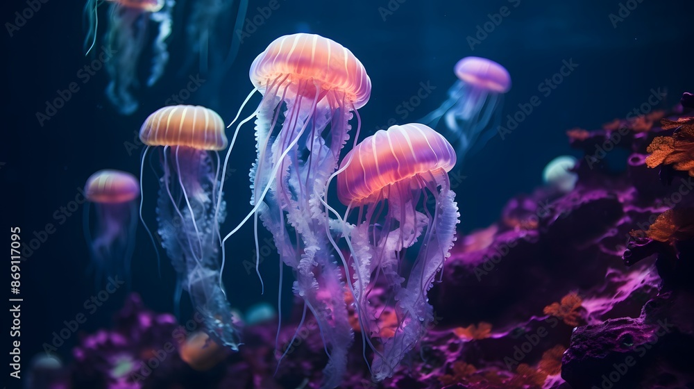 Closeup of Several Beautiful Moon Vibrant Bioluminescent Blue Jellyfish. Closeup of Several Beautiful Moon Vibrant Bioluminescent Blue Jellyfish.