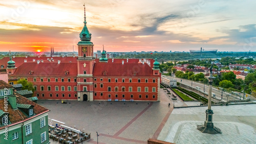 aerial view over the castle square in warsaw overlooking the old town in spring at dawn