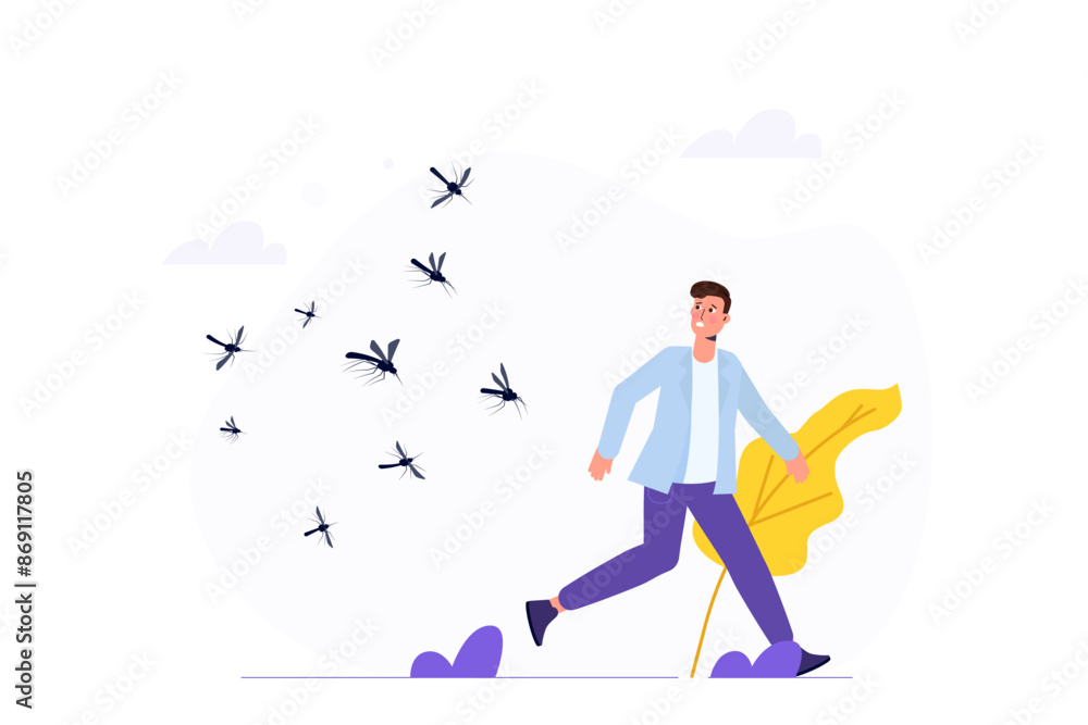 Swarm of mosquitoes attacking, fearing bites and the risk of contracting malaria concept. Vector illustration. Swarm of mosquitoes attacking, fearing bites and the risk of contracting malaria concept. Vector illustration.
