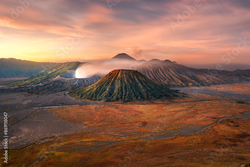 Beautiful sunrise at Tengger volcanic chain with smoking Bromo mount and the colorful Batok mount, Bromo - Tengger Semeru National Park, East Java, Indonesia
