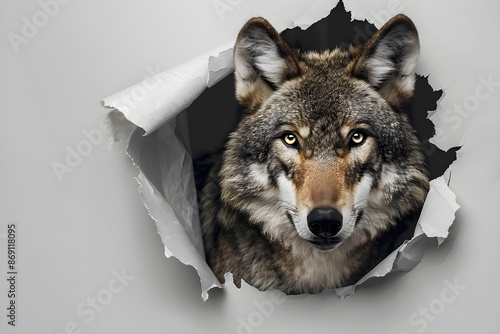 Wolf steckt seinen Kopf durch aufgerissenes Loch in grauer Papierwand, Tierfotografie, erstellt mit generativer KI photo