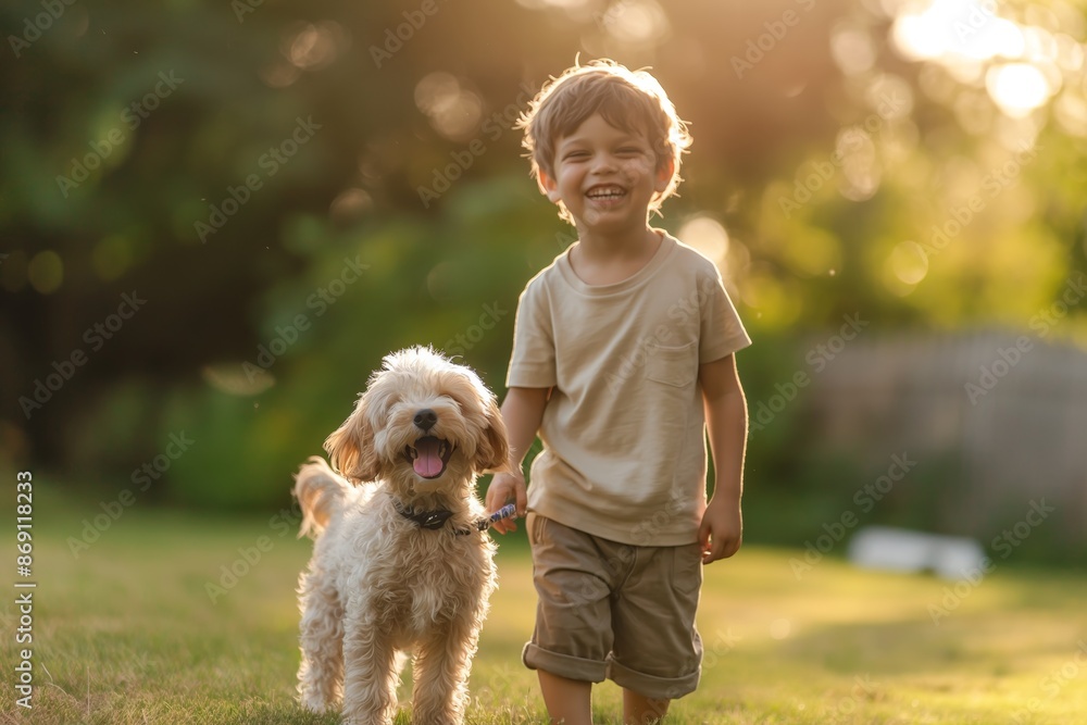 A happy boy laughs while playing with his puppy on the lawn A happy boy laughs while playing with his puppy on the lawn