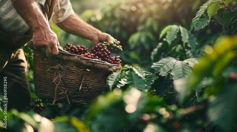 A Brazilian farmer carefully picks ripe coffee beans from a bush and places them in a traditional woven basket A Brazilian farmer carefully picks ripe coffee beans from a bush and places them in a traditional woven basket
