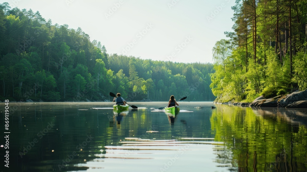 Obraz premium The kayakers on tranquil lake