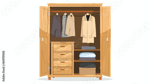 Wooden wardrobe for clothes flat icon. Vector illustration
